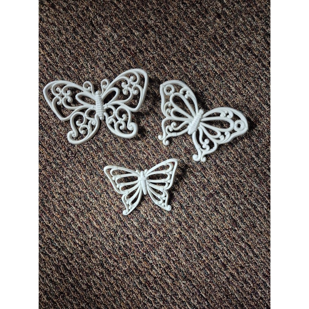 Homco White Butterfly Wall Decor Set of 3 Plastic Filigree Hanging Nursery Decor